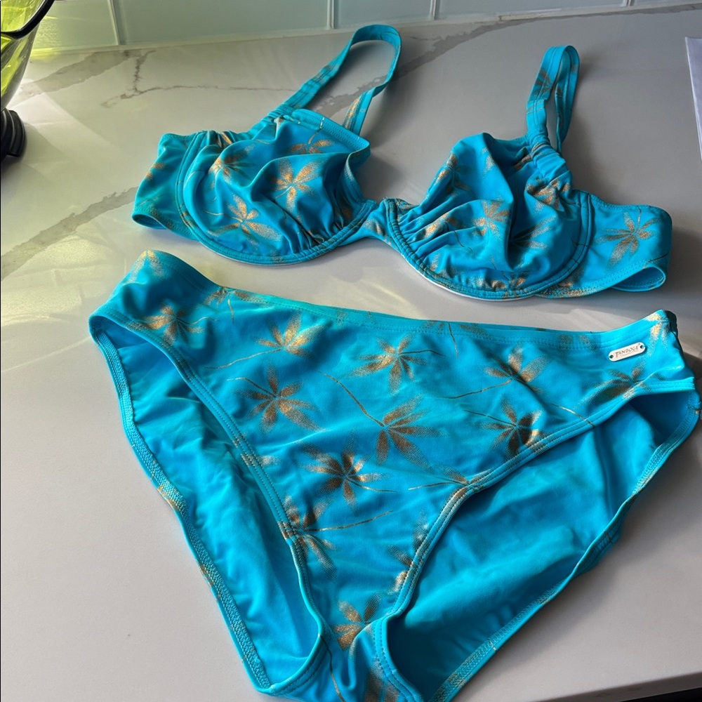 Turquoise/blue and Gold Floral Women's two piece bathing suit
